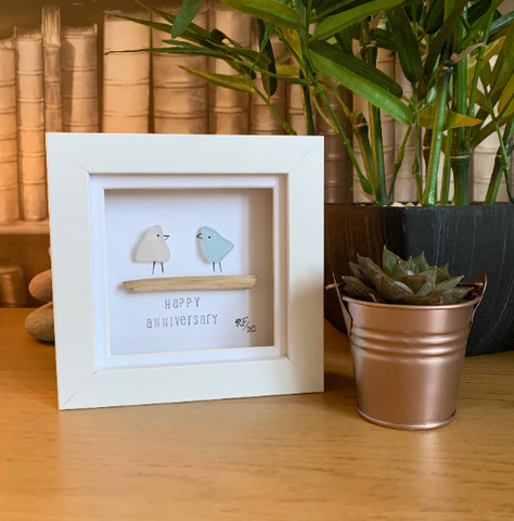 Happy Anniversary Two Little Birds Sea Glass Art Box Frame | Anniversary Gift