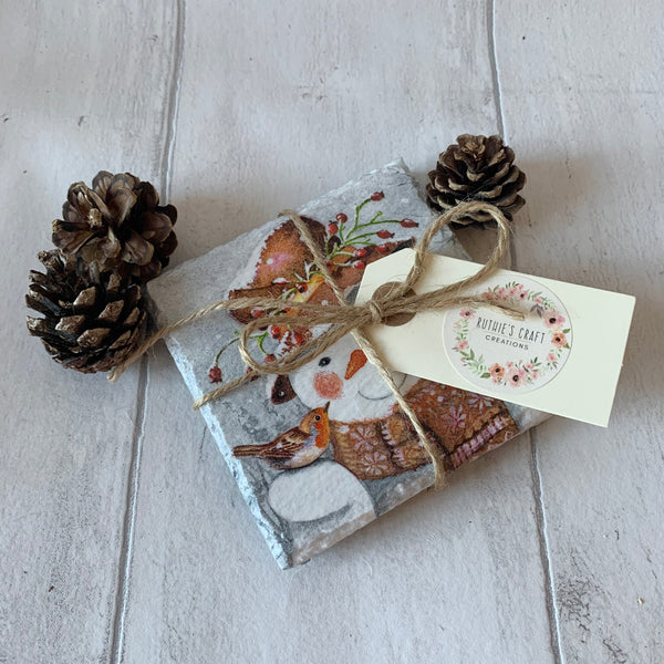 Christmas Snowman Decoupaged Slate Coasters (Set of 2, Set of 4)