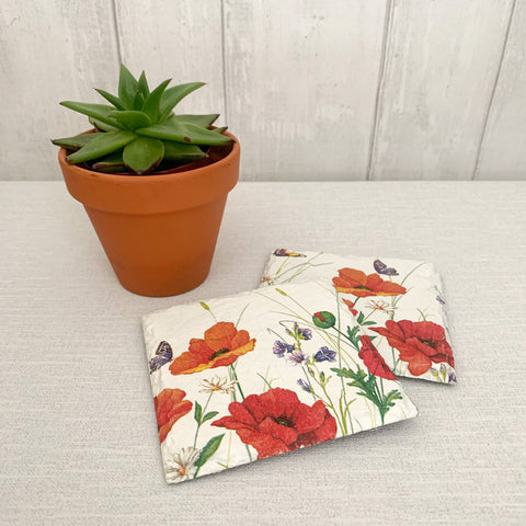 Red Poppies Decoupaged Slate Coasters (Set of 2, Set of 4)